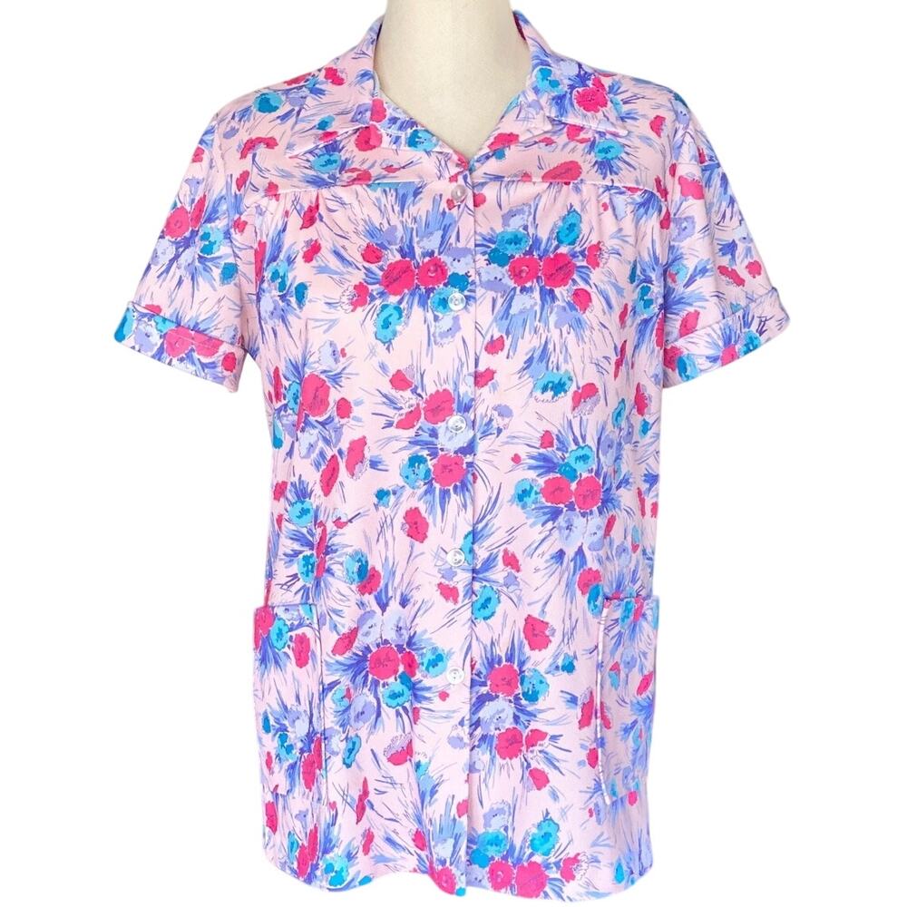 Vintage Pink Floral Top, 70s Flower Shirt, Stretch Knit Short Sleeve, M